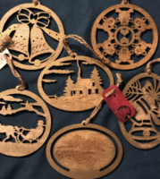 LOT of 6 Laser Etched & Cut Wood Ornaments w/ Gold Wash by Gina Bear 2 w/ Tags